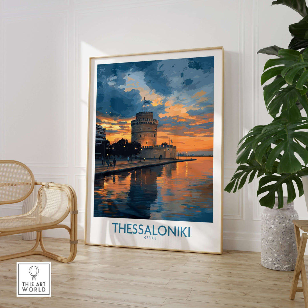 Thessaloniki Greece Sunset Print | Golden Hour Waterfront Poster displayed in a modern room with a plant.