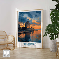 Thessaloniki Greece Sunset Print | Golden Hour Waterfront Poster displayed in a modern living room with plants.