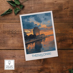 Thessaloniki Greece Sunset Print | Golden Hour Waterfront Poster featuring the iconic White Tower at sunset.