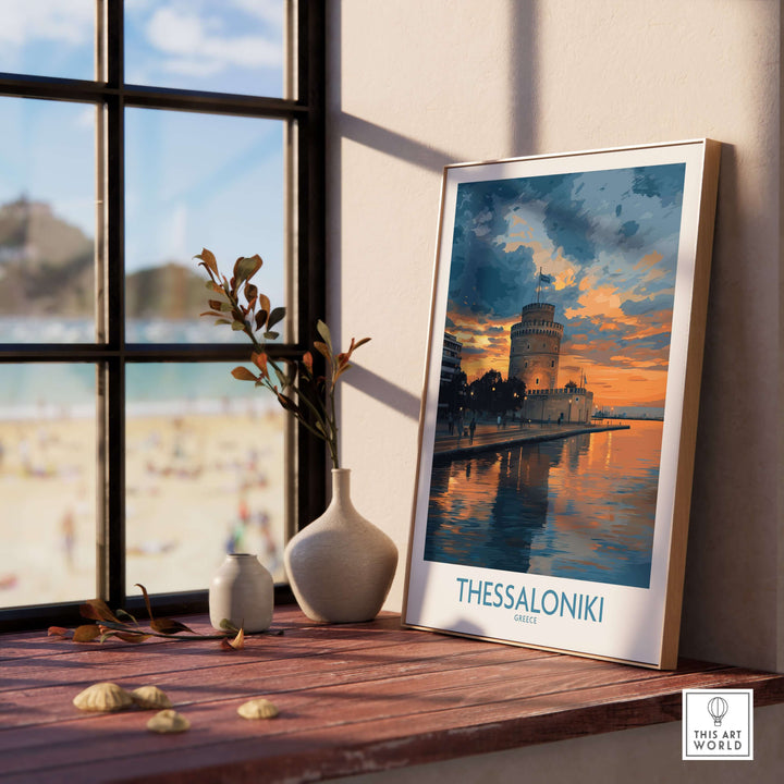 Thessaloniki Greece Sunset Print | Golden Hour Waterfront Poster displayed near a window, showcasing a beautiful sunset view.
