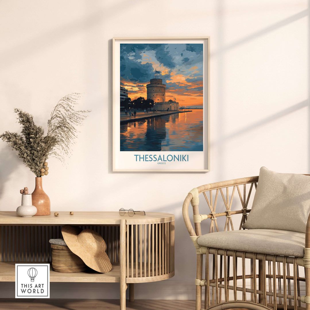 Thessaloniki Greece Sunset Print | Golden Hour Waterfront Poster displayed in a stylish living room setting.