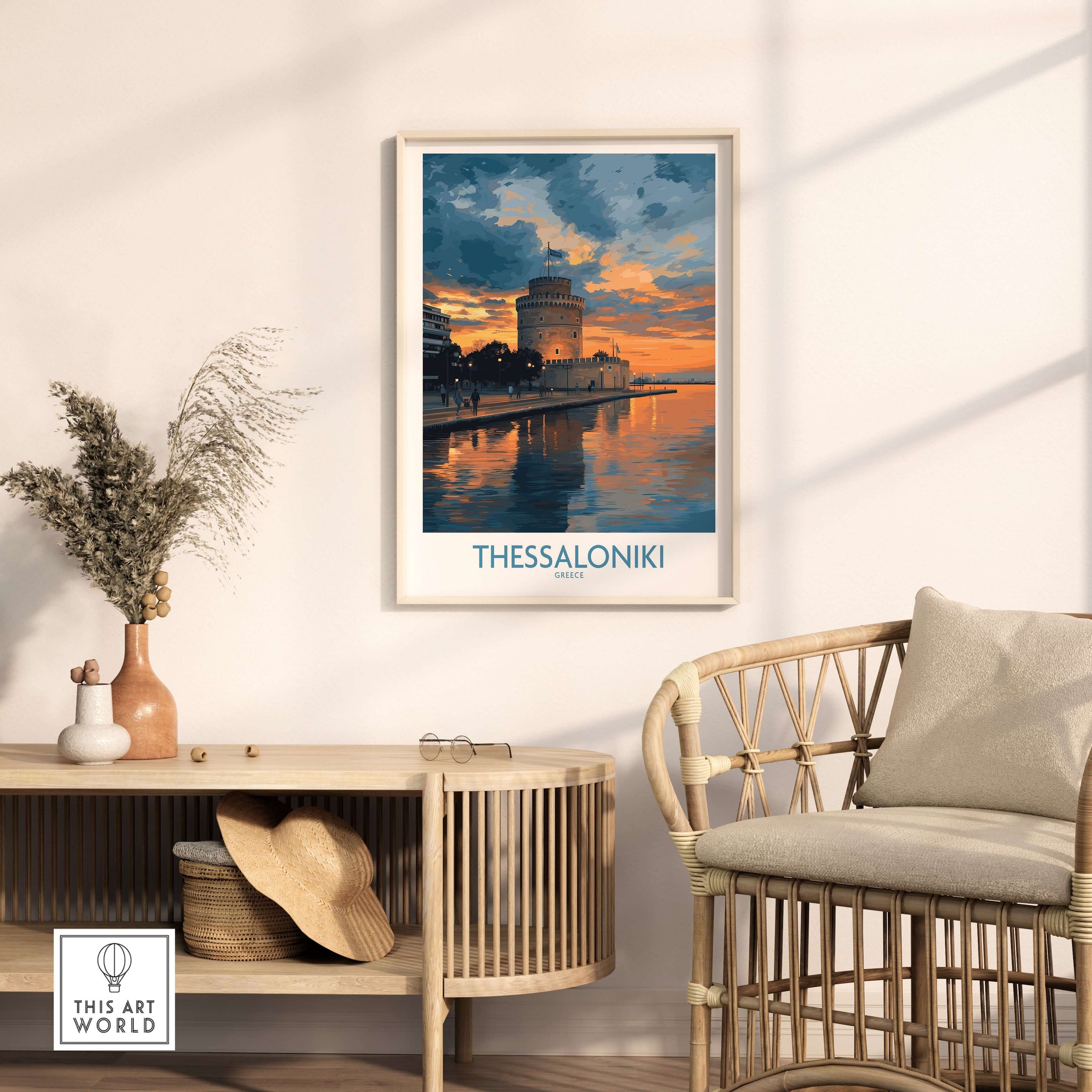 Thessaloniki Greece Sunset Print | Golden Hour Waterfront Poster displayed in a cozy living room setting.