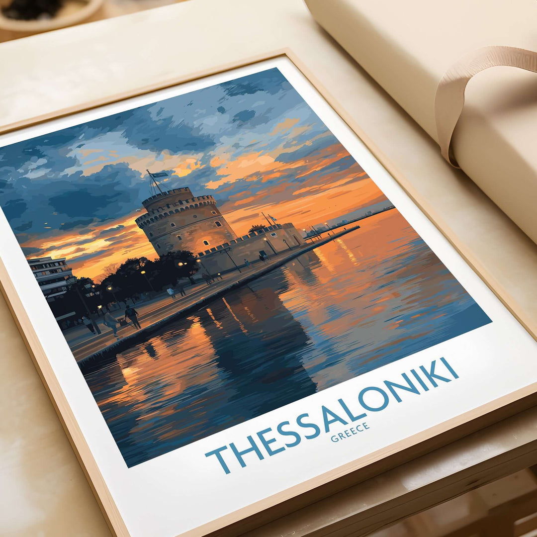 Thessaloniki Greece Sunset Print | Golden Hour Waterfront Poster showcasing the White Tower at sunset.