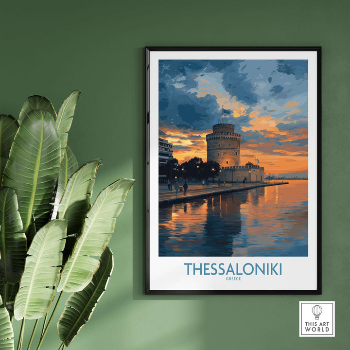 Thessaloniki Greece Sunset Print | Golden Hour Waterfront Poster featuring the iconic White Tower and stunning sunset.