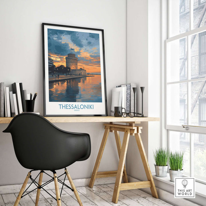 Thessaloniki Greece Sunset Print | Golden Hour Waterfront Poster displayed on a wall in a cozy room.