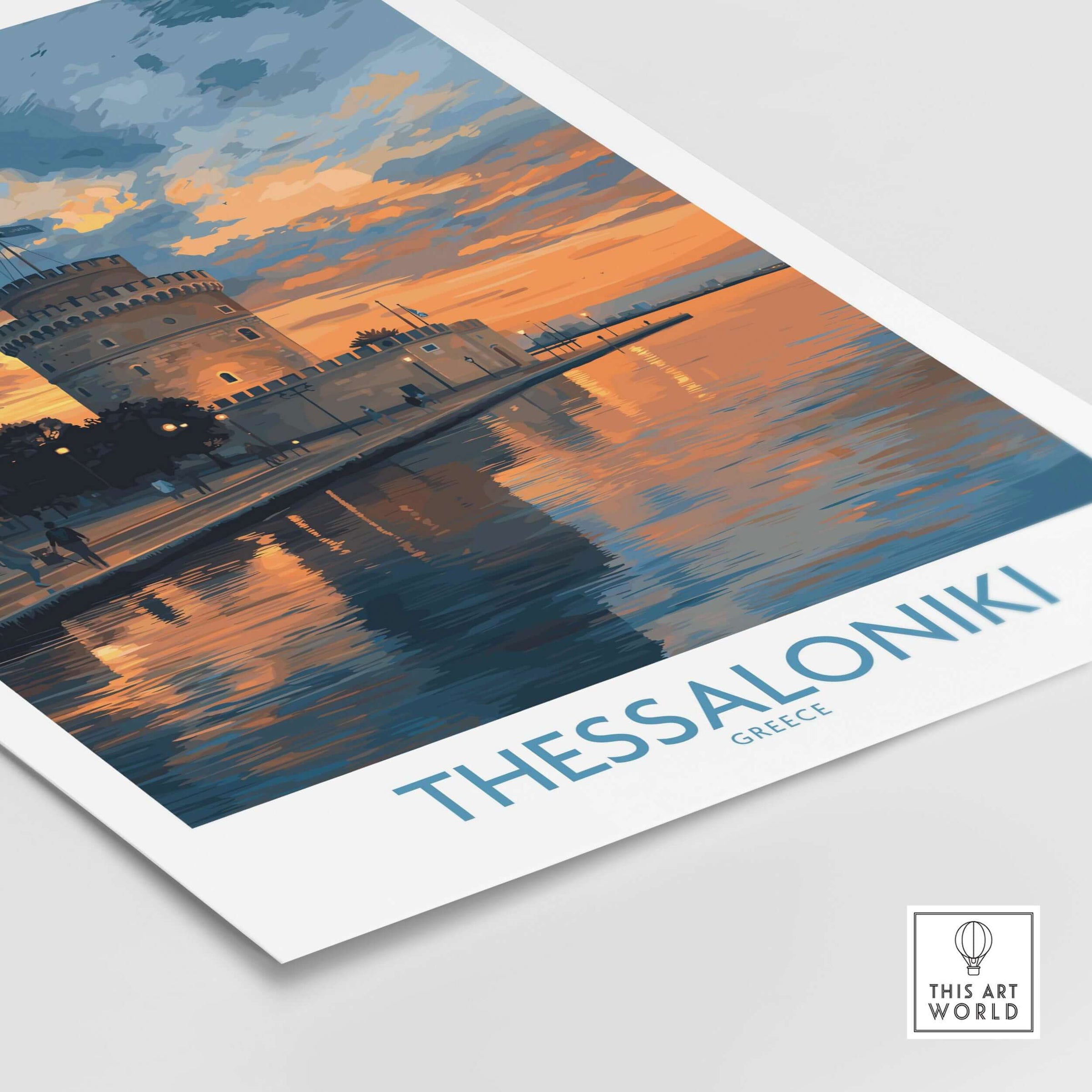 Thessaloniki Greece Sunset Print | Golden Hour Waterfront Poster featuring the iconic White Tower at sunset.