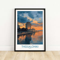 Thessaloniki Greece Sunset Print | Golden Hour Waterfront Poster featuring the iconic White Tower at sunset.