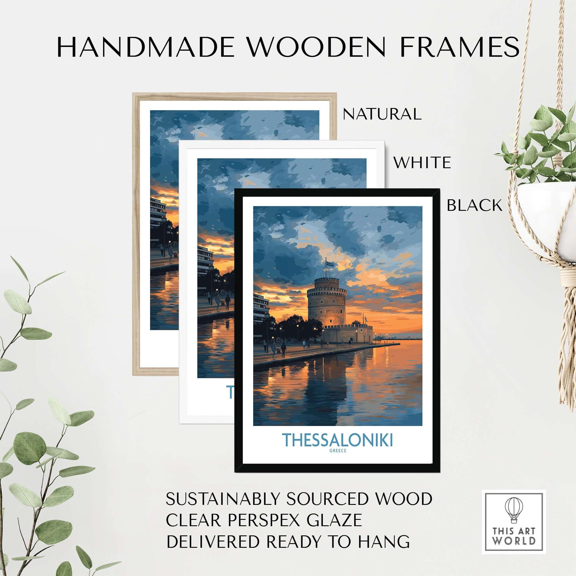 Thessaloniki Greece Sunset Print | Golden Hour Waterfront Poster in handmade wooden frames, natural, white, and black.
