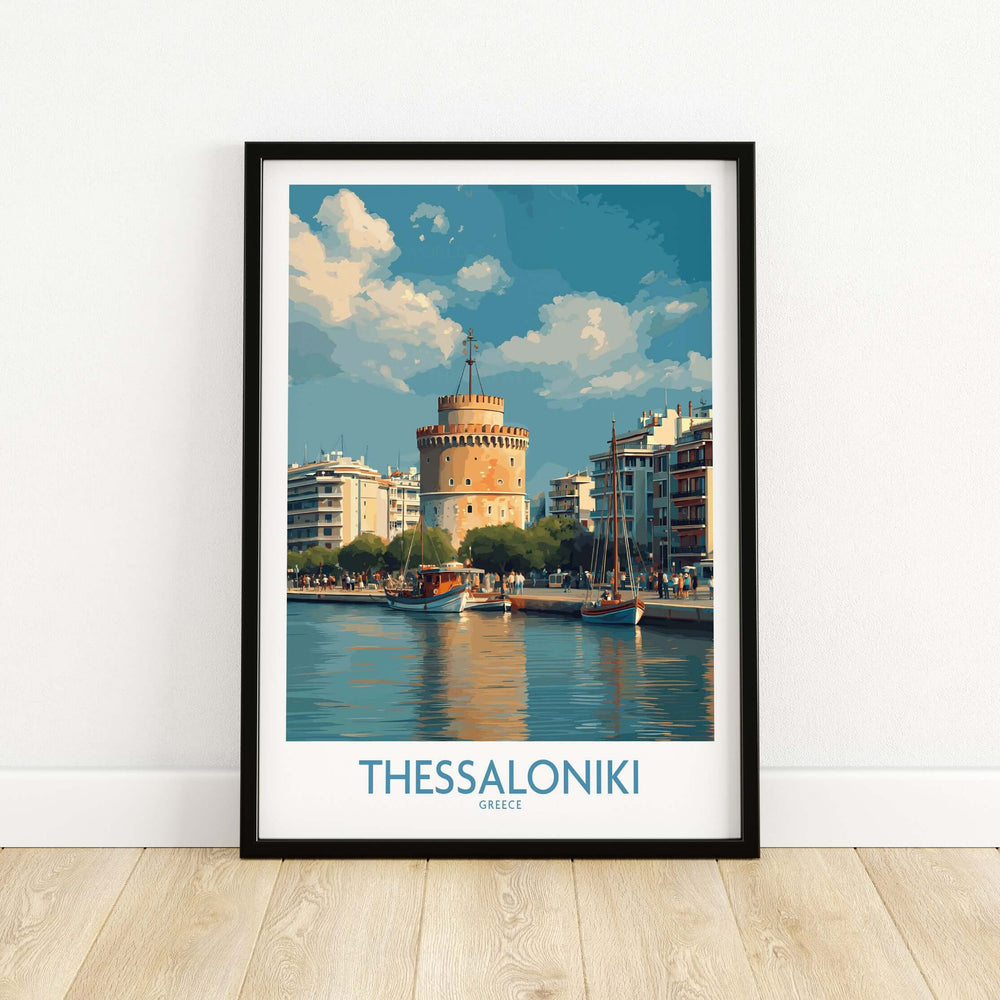 Thessaloniki Greece Poster | Historic Port Scene Print featuring the iconic White Tower and vibrant harbor view.