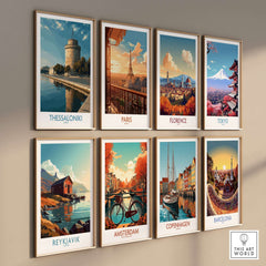 Thessaloniki Greece Print - White Tower of Thessaloniki showcased among other city prints in a gallery wall display.