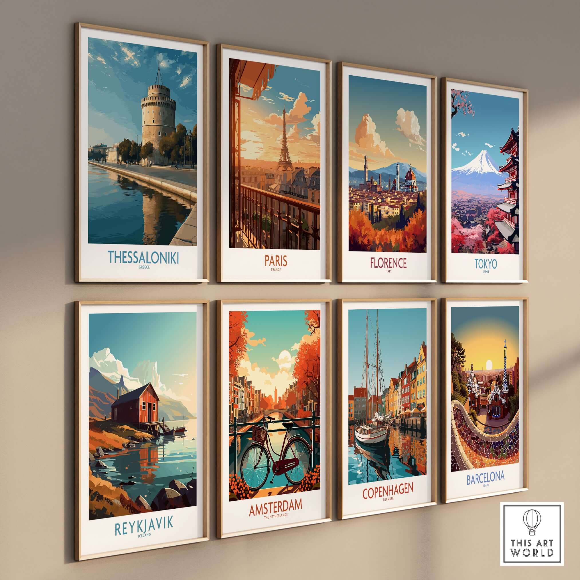 Thessaloniki Greece Print - White Tower of Thessaloniki showcased among other city prints in a gallery wall display.