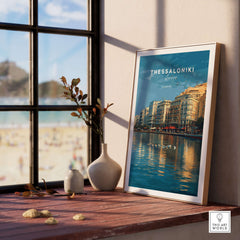 Thessaloniki Print | Greek City Wall Decor featuring vibrant cityscape and serene shoreline in an elegant frame.
