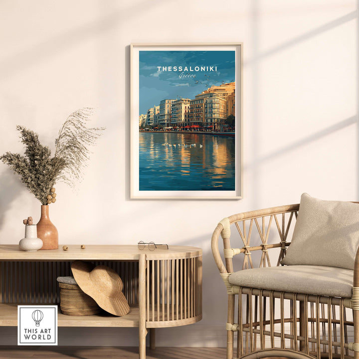 Thessaloniki Print | Greek City Wall Decor showcasing vibrant shoreline and historic buildings in a stylish setting.