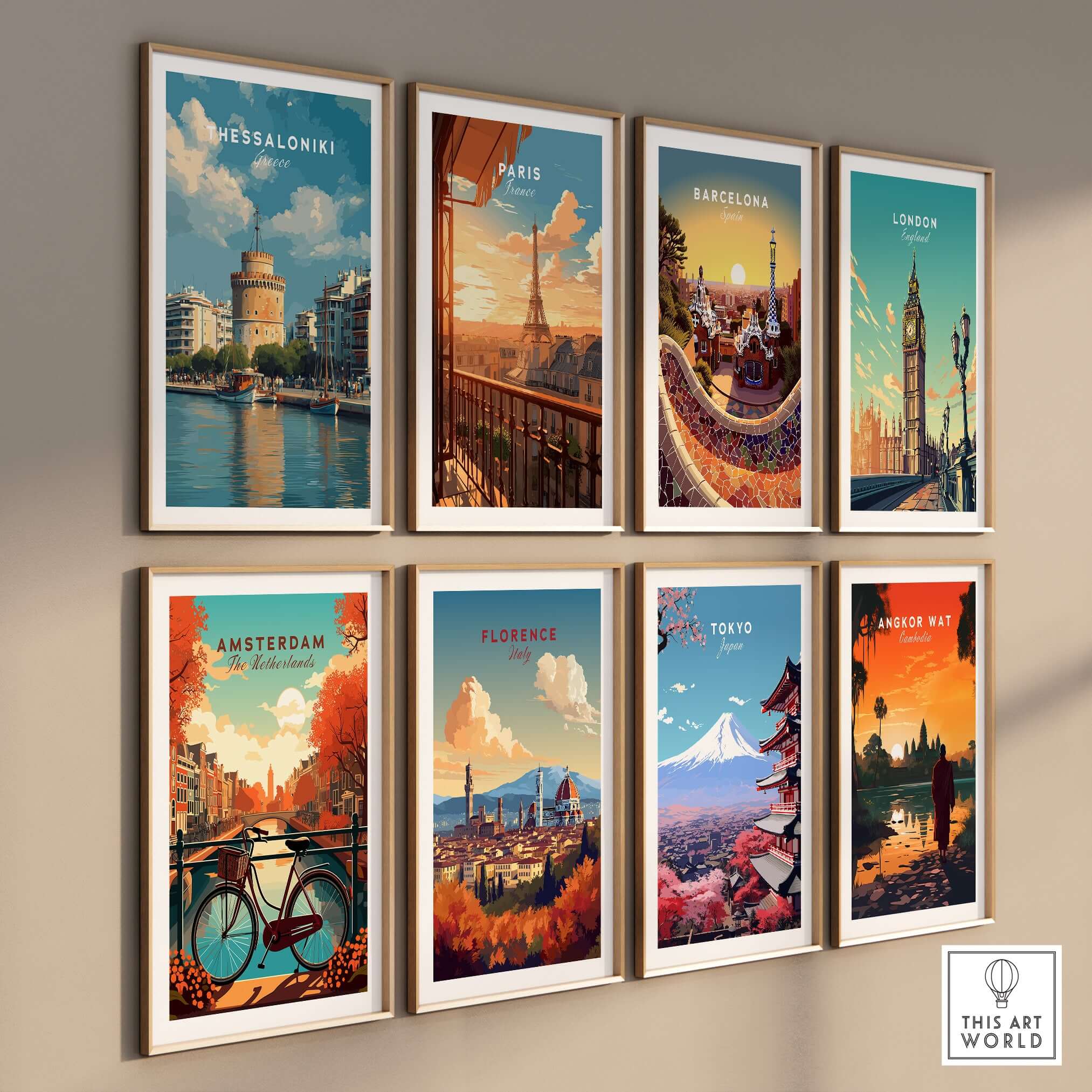 Thessaloniki Poster | Greek Travel Wall Art displayed among other city posters in a stylish frame arrangement.