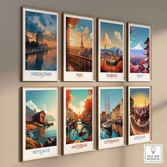 Thessaloniki Greece Sunset Print | Golden Hour Waterfront Poster collection of city landscape posters on a wall.