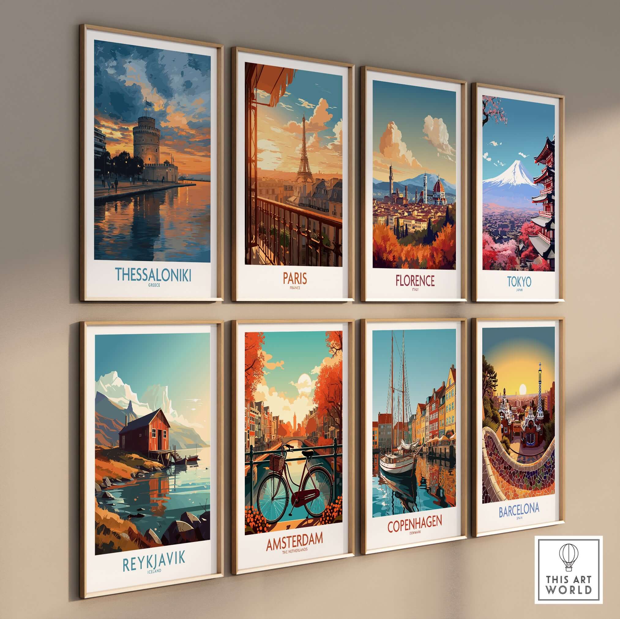 Thessaloniki Greece Sunset Print | Golden Hour Waterfront Poster collection of city landscape posters on a wall.
