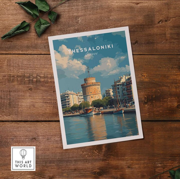 Thessaloniki Poster | Greek Travel Wall Art featuring the iconic White Tower and coastal scenery.