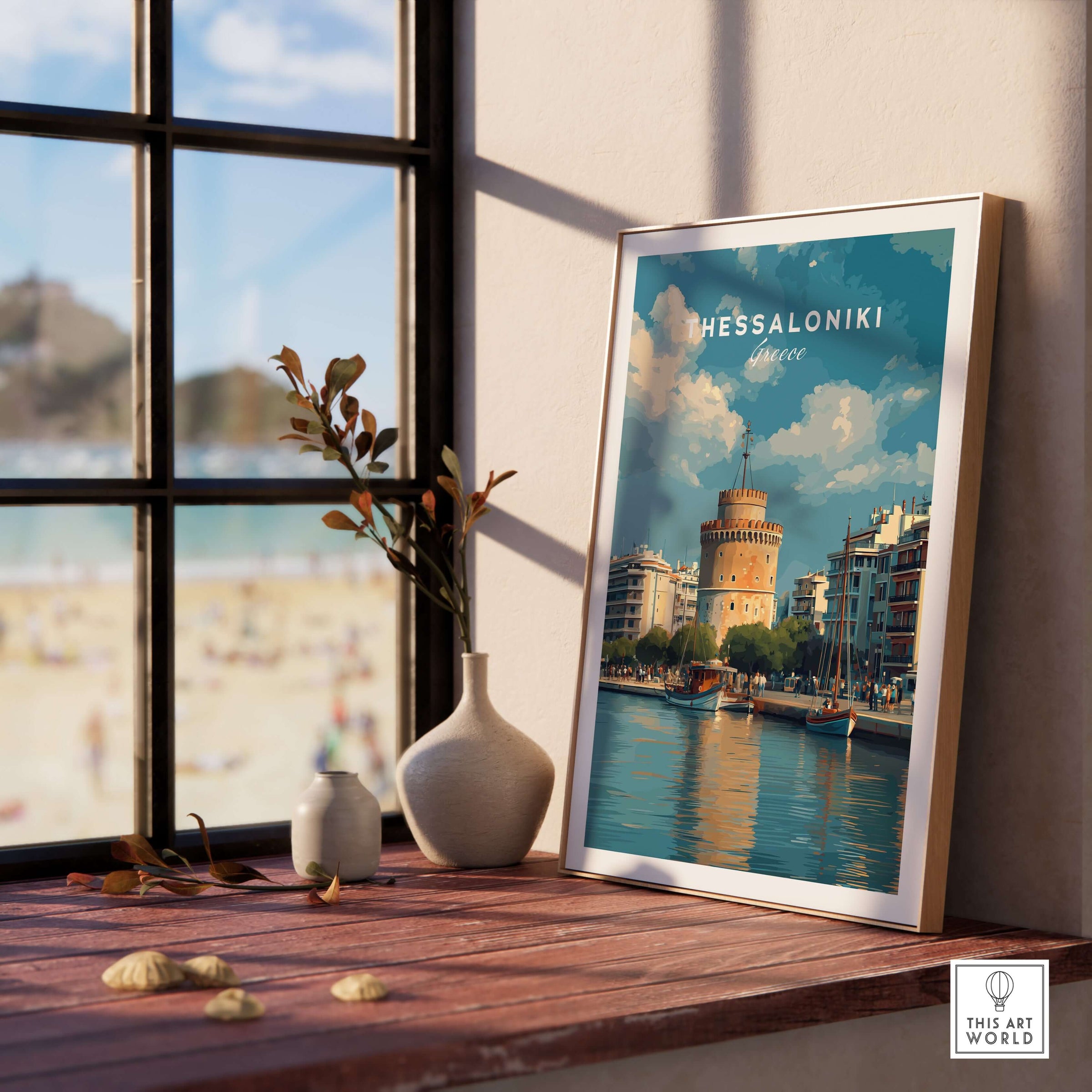 Thessaloniki Poster | Greek Travel Wall Art displayed in a bright room, showcasing vibrant coastal scenery.
