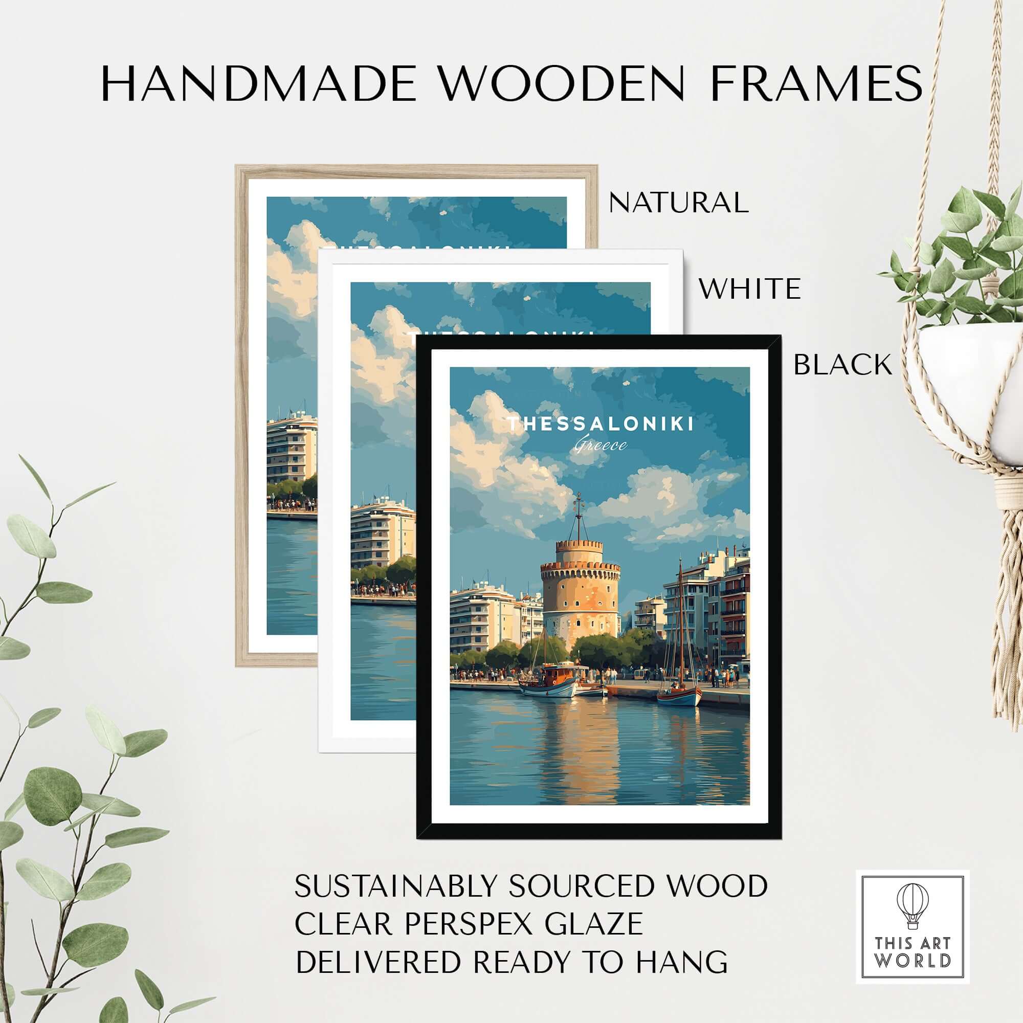 Thessaloniki Poster | Greek Travel Wall Art displayed in handmade wooden frames available in natural, white, and black.