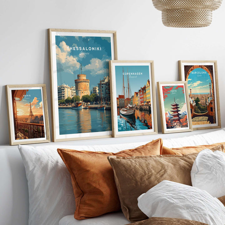 Thessaloniki Poster | Greek Travel Wall Art displayed in a stylish living room setting with framed travel art.