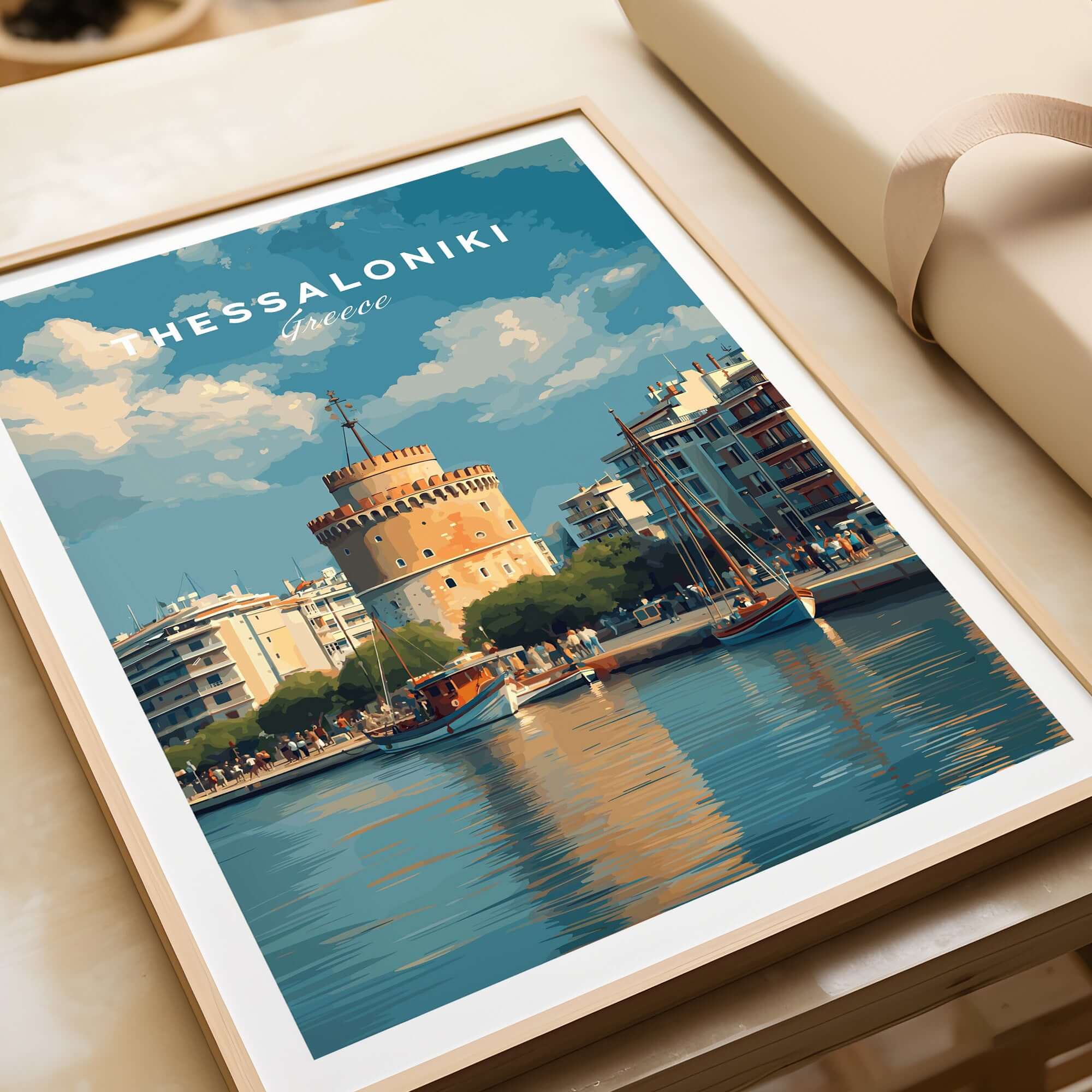 Thessaloniki Poster | Greek Travel Wall Art featuring the iconic White Tower and coastal scenery.