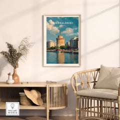 Thessaloniki Poster | Greek Travel Wall Art showcasing the iconic White Tower over tranquil waters.