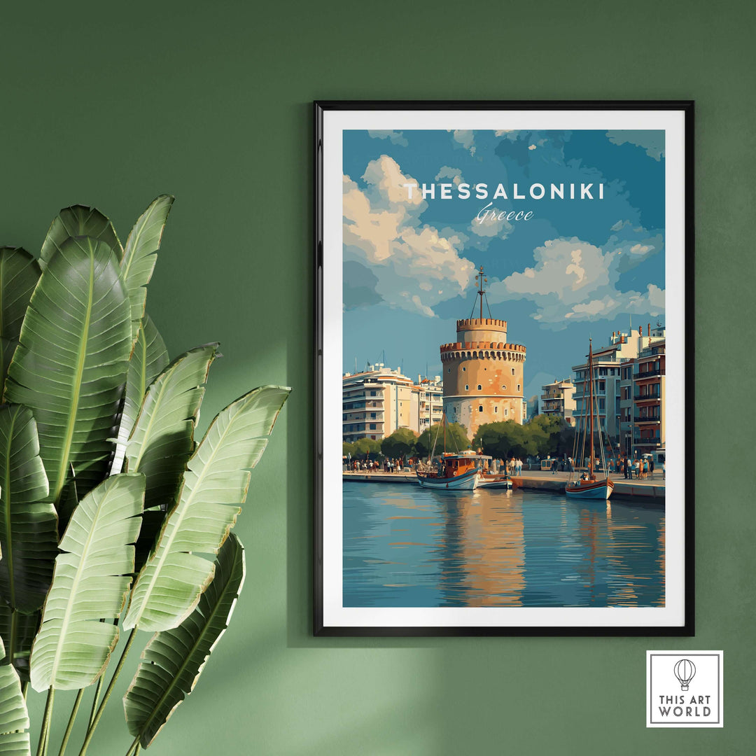 Thessaloniki Poster | Greek Travel Wall Art featuring the iconic White Tower and waterfront scenery.