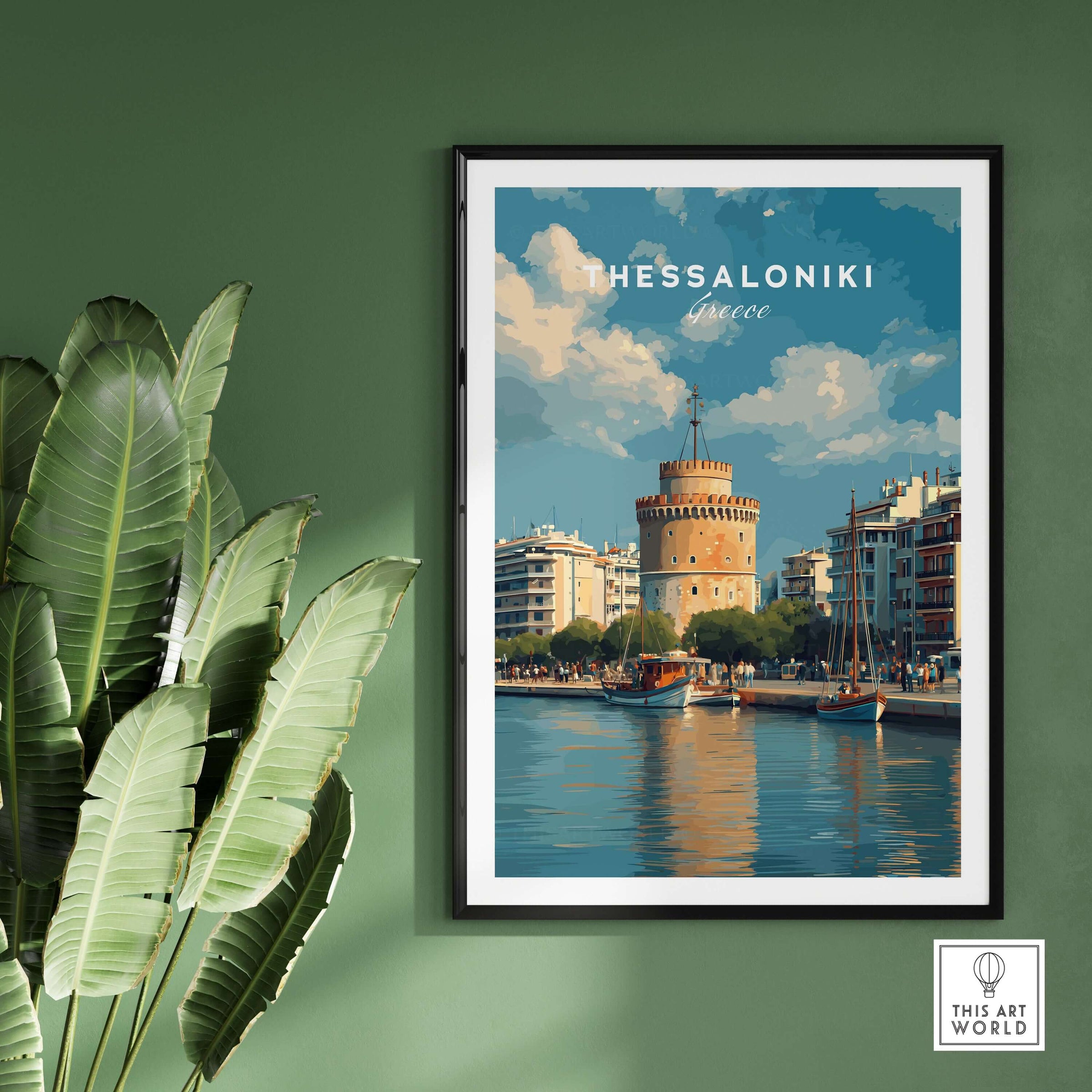 Thessaloniki Poster | Greek Travel Wall Art featuring the iconic White Tower by the waterfront.