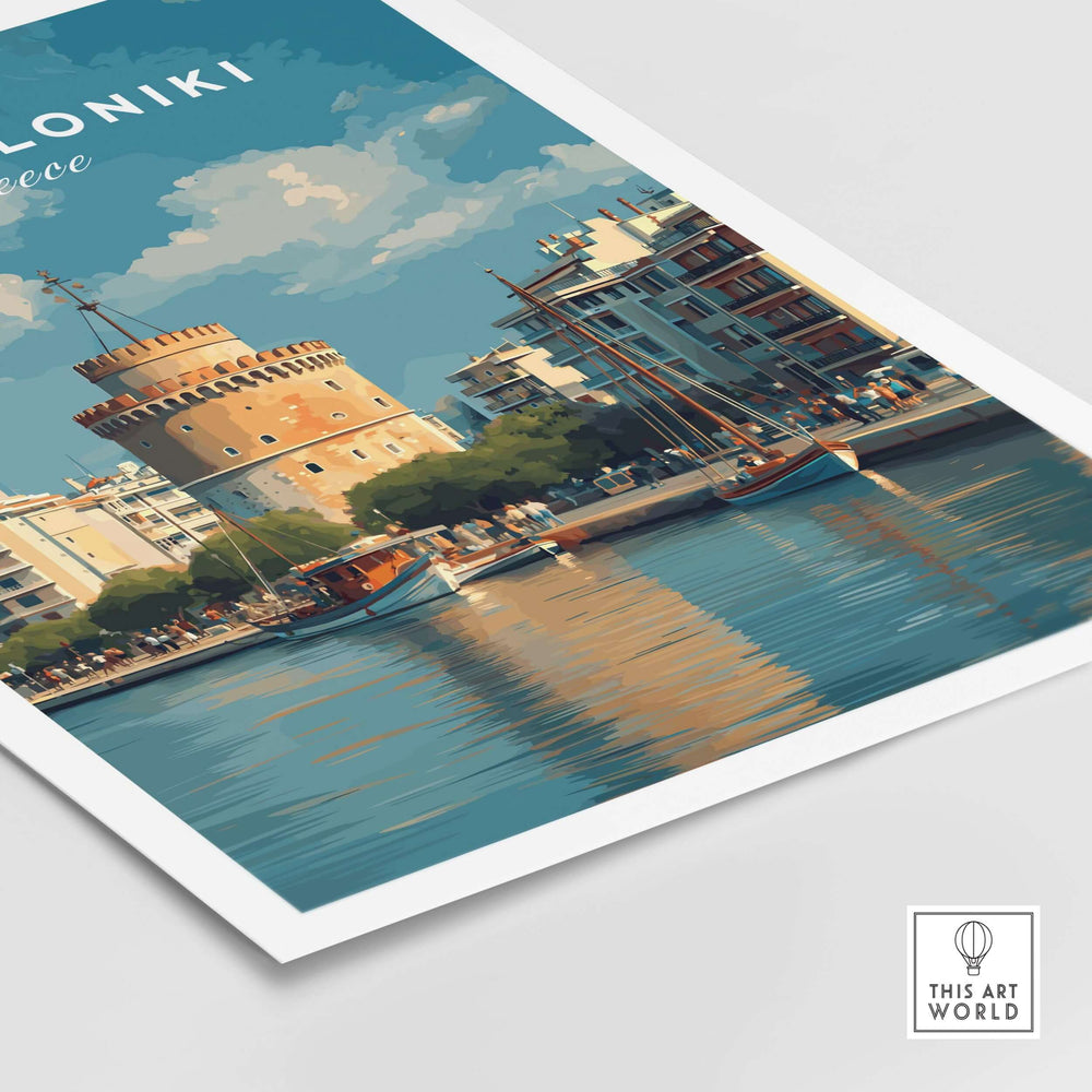 Thessaloniki Poster | Greek Travel Wall Art featuring the White Tower and waterfront scene.