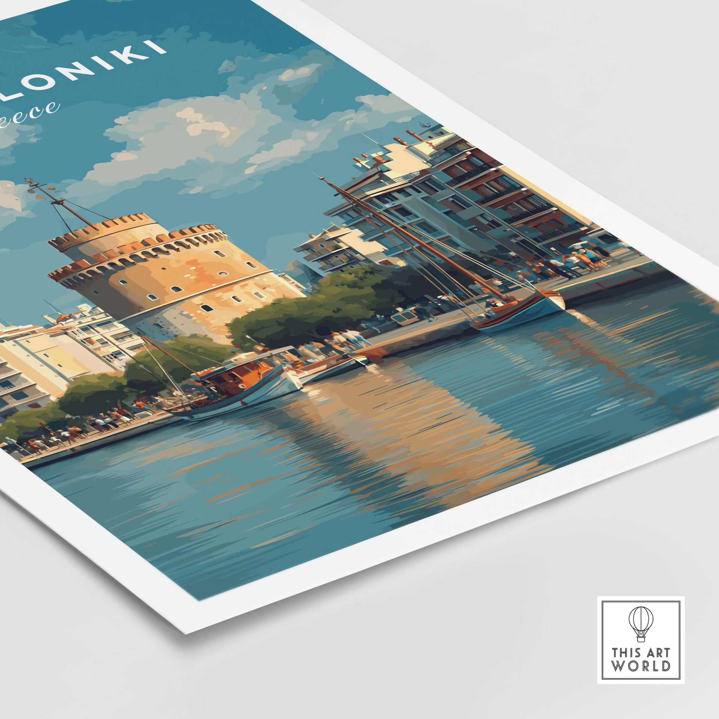 Thessaloniki Poster | Greek Travel Wall Art featuring the iconic White Tower by the waterfront.