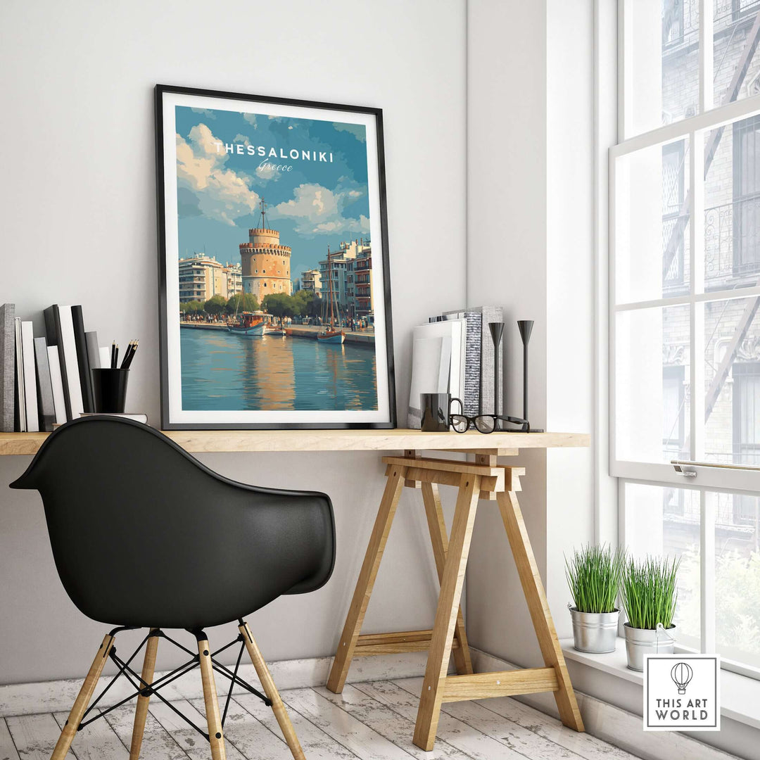 Thessaloniki Poster | Greek Travel Wall Art displayed in a modern workspace featuring a scenic view of the city.