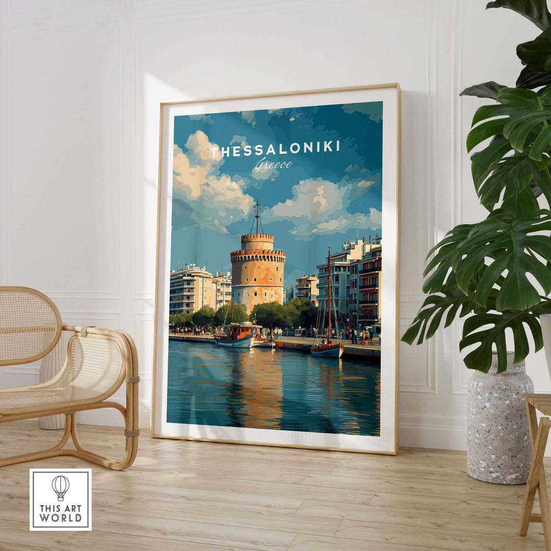 Thessaloniki Poster | Greek Travel Wall Art showcasing the iconic White Tower by the waterfront in vibrant colors.