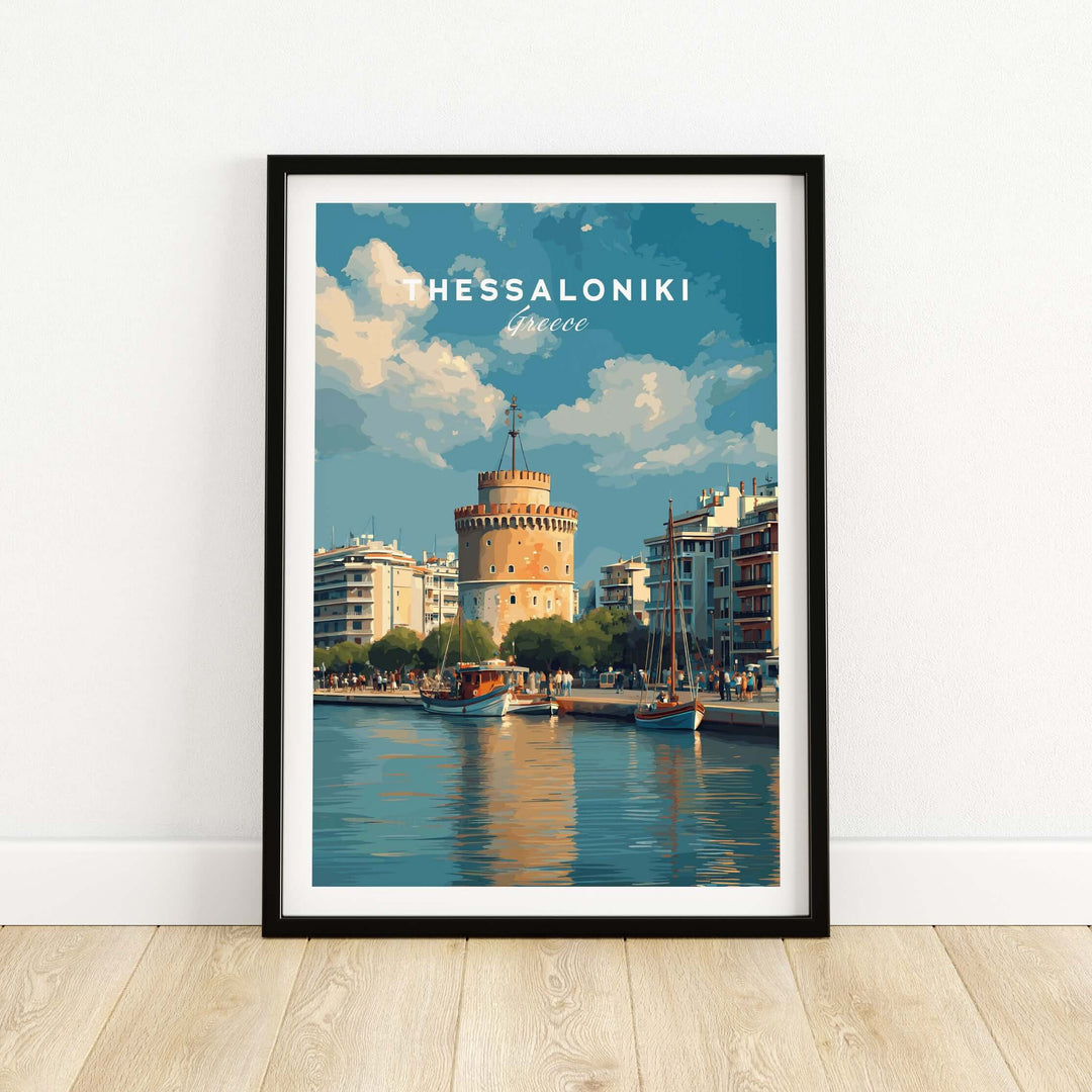 Thessaloniki Poster | Greek Travel Wall Art featuring the iconic White Tower and harbor view.