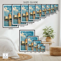 Thessaloniki Poster | Greek Travel Wall Art size guide showing various frame sizes and decor setting.
