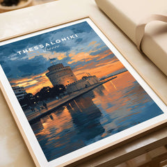 Thessaloniki Print | Greek City Wall Decor featuring the iconic White Tower at sunset.
