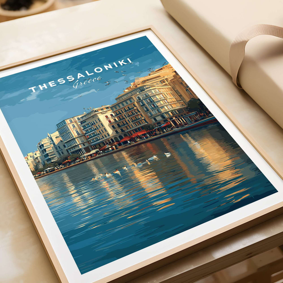 Thessaloniki Print | Greek City Wall Decor showcasing vibrant shoreline and historic architecture.