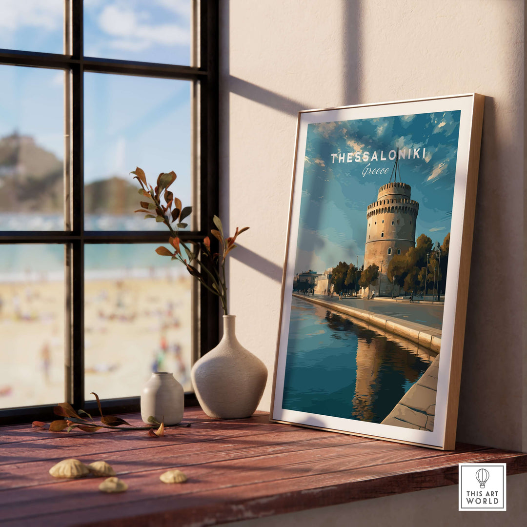 Thessaloniki Print | Greek City Home Decor - White Tower artwork displayed on a sunny windowsill with beach view.