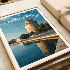Thessaloniki Print | Greek City Home Decor - White Tower artwork showcasing the iconic White Tower reflective in water.