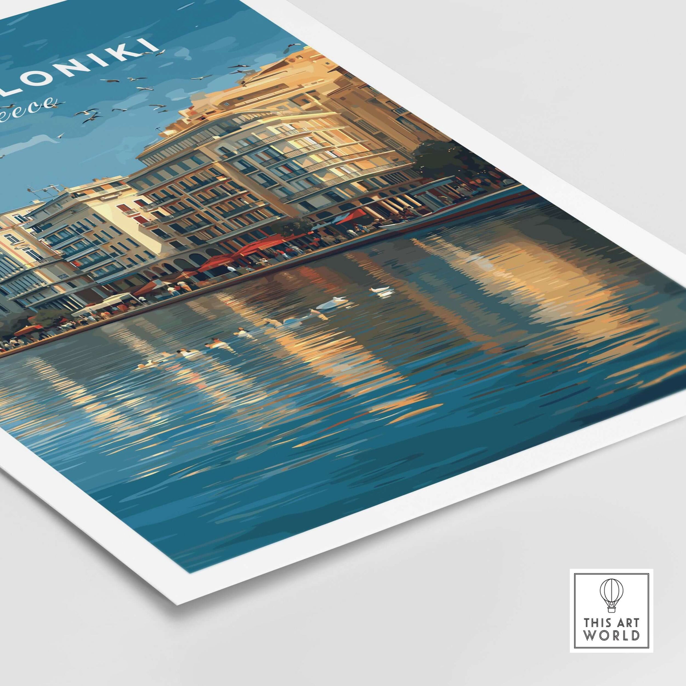 Thessaloniki Print | Greek City Wall Decor showcasing vibrant shoreline and historic buildings of Thessaloniki.