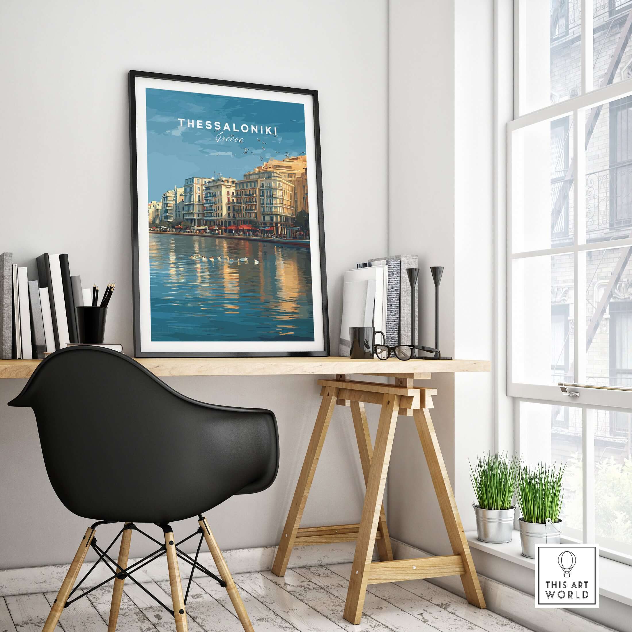 Thessaloniki Print | Greek City Wall Decor featuring the beautiful shoreline and buildings of Thessaloniki in a stylish interior.