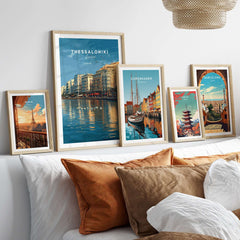 Thessaloniki Print | Greek City Wall Decor displayed among other city prints in a cozy interior.