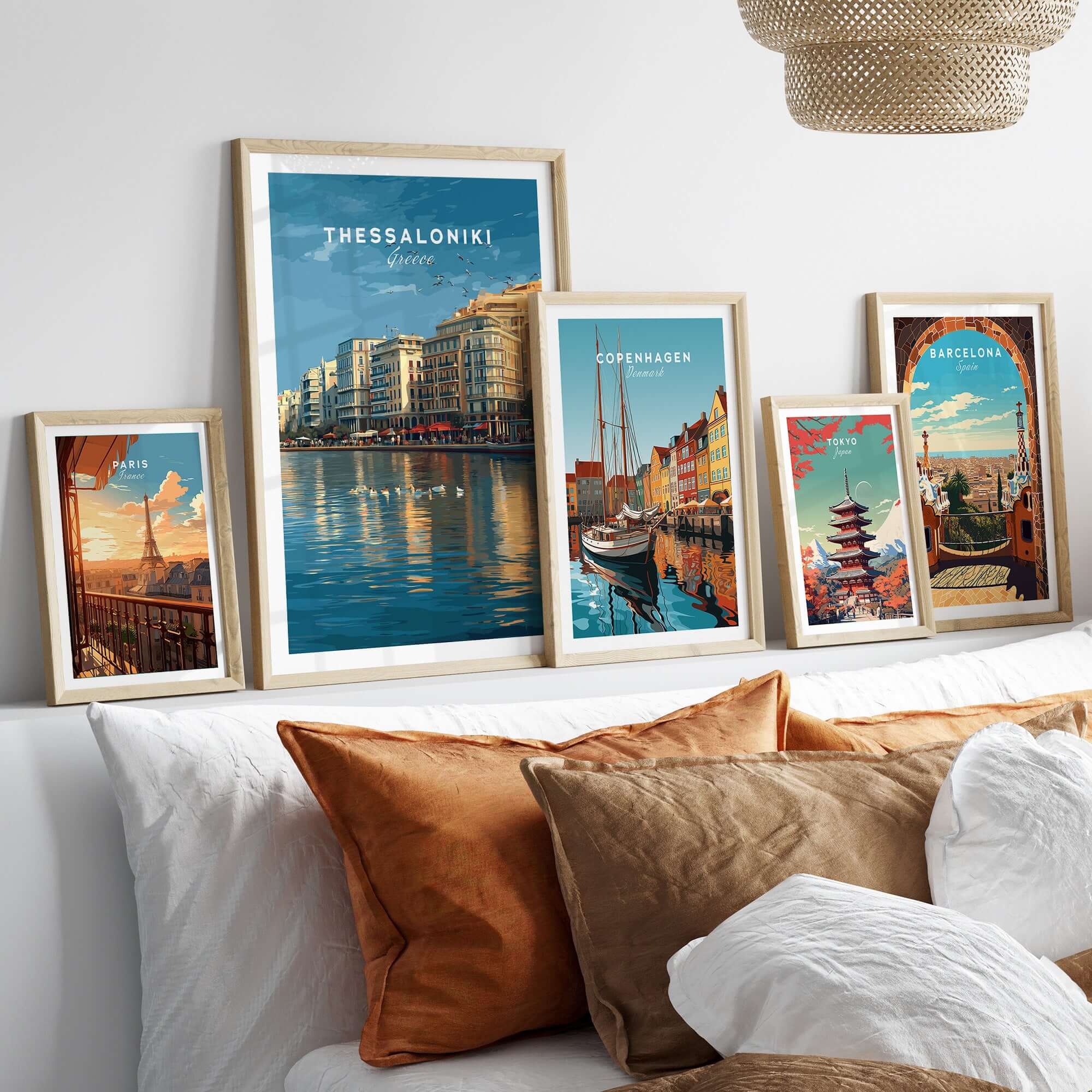 Thessaloniki Print | Greek City Wall Decor displayed among other city prints in a cozy interior.