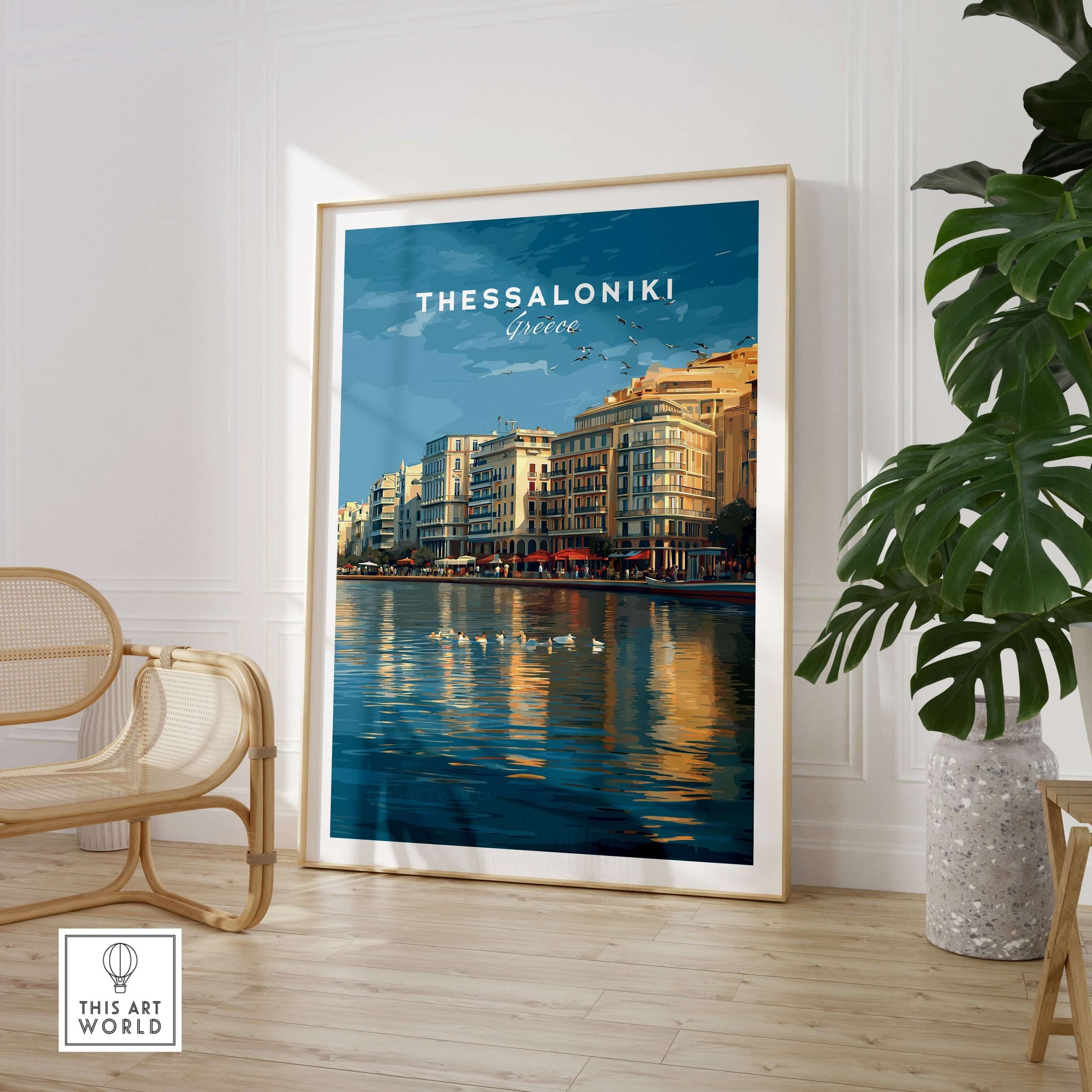 Thessaloniki Print | Greek City Wall Decor featuring vibrant shoreline and historic buildings.