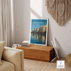 Thessaloniki Print | Greek City Wall Decor featuring vibrant shoreline and historic buildings of Thessaloniki in a stylish living room setting.