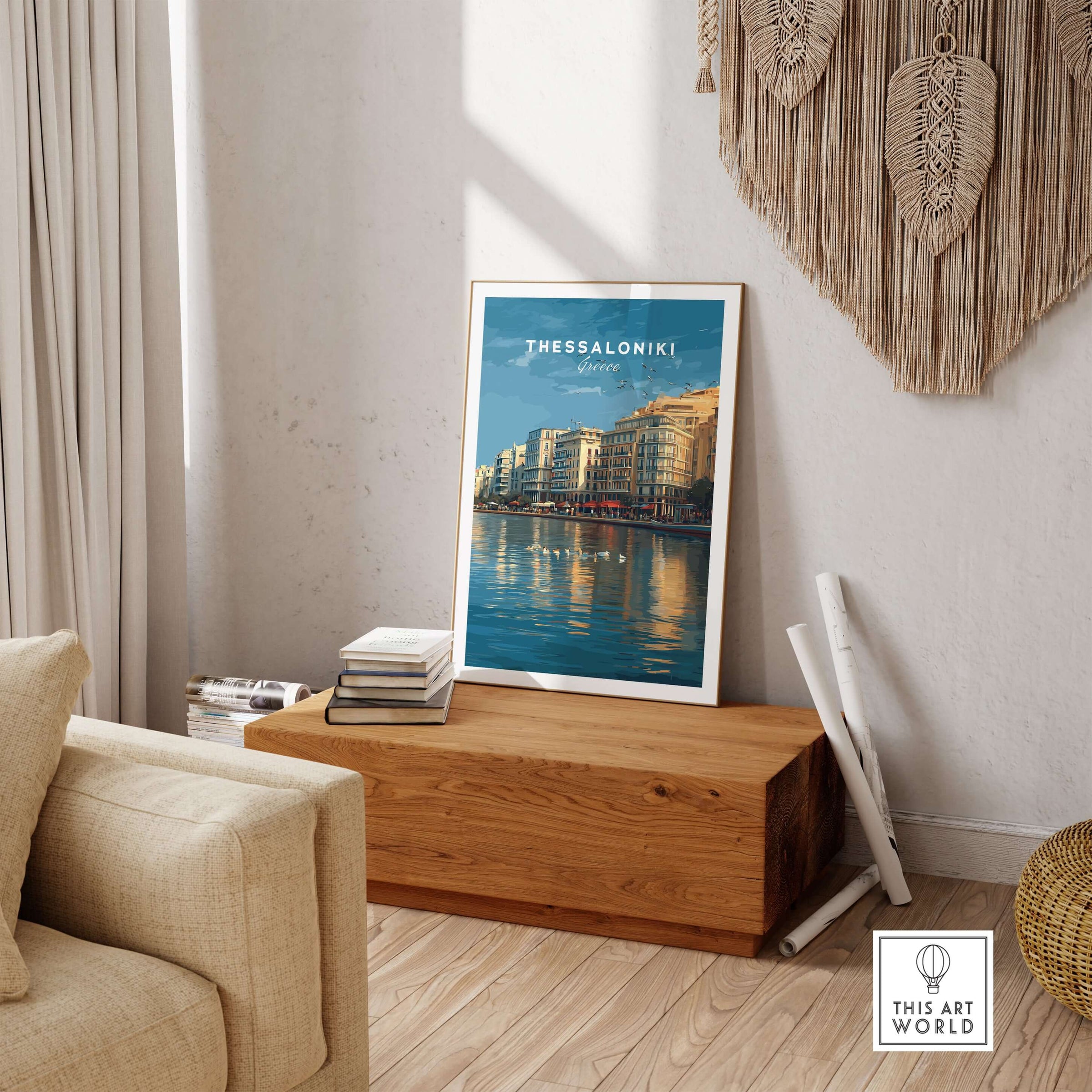 Thessaloniki Print | Greek City Wall Decor featuring vibrant shoreline and historic buildings of Thessaloniki in a stylish living room setting.