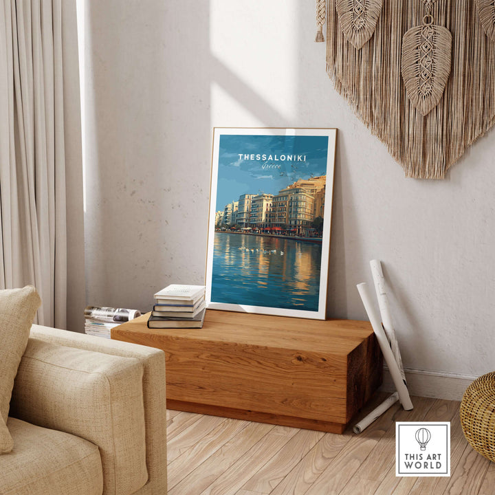 Thessaloniki Print | Greek City Wall Decor showcasing vibrant shoreline and historic buildings in a living room setting.