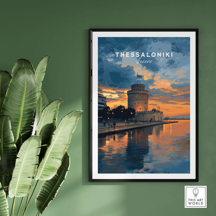 Thessaloniki Print | Greek City Wall Decor featuring the iconic White Tower at sunset on a green wall.