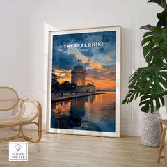 Thessaloniki Print | Greek City Wall Decor featuring the iconic White Tower at sunset in a sophisticated living space.