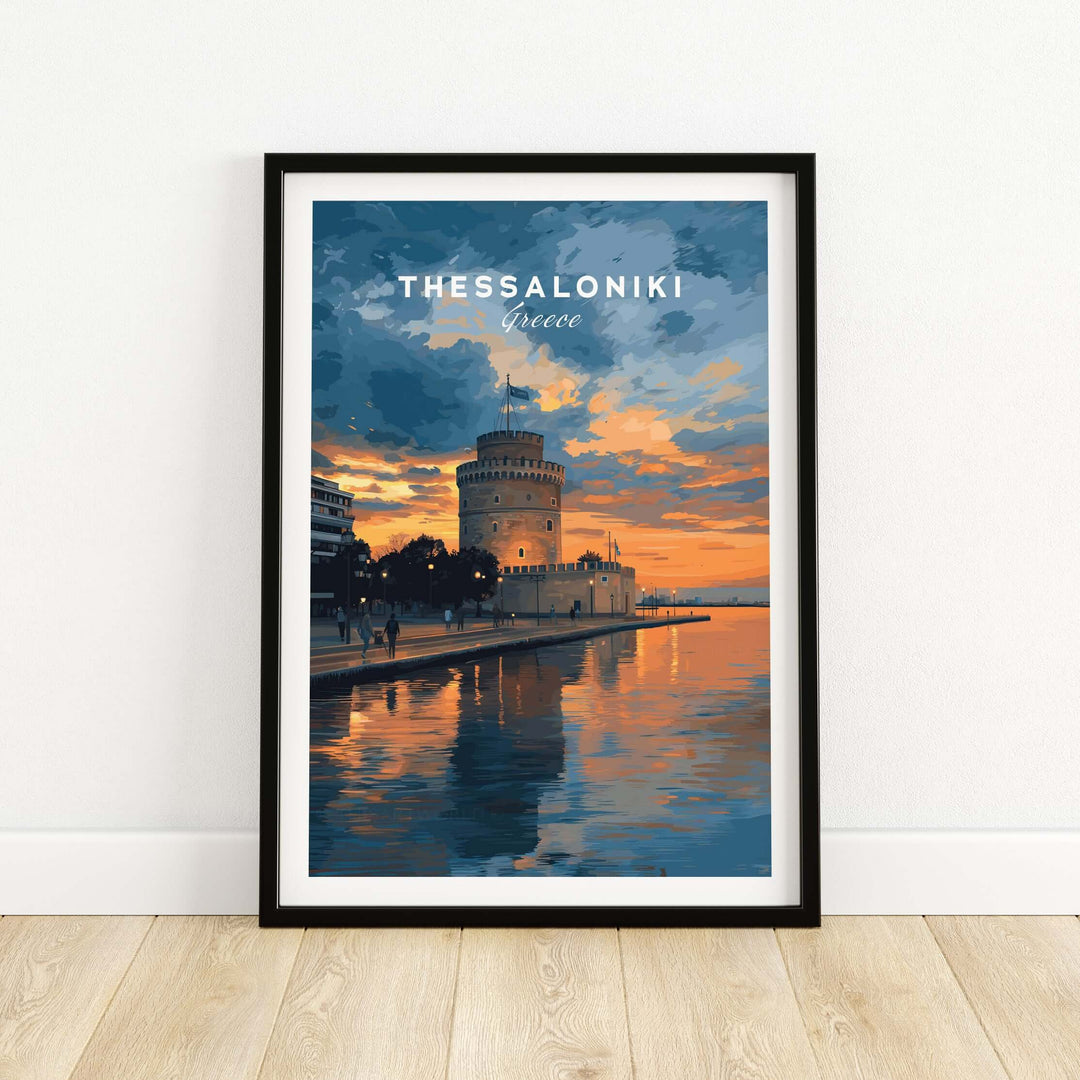 Thessaloniki Print | Greek City Wall Decor showcasing the White Tower at sunset with reflections on water.