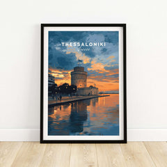 Thessaloniki Print | Greek City Wall Decor featuring the iconic White Tower at sunset.